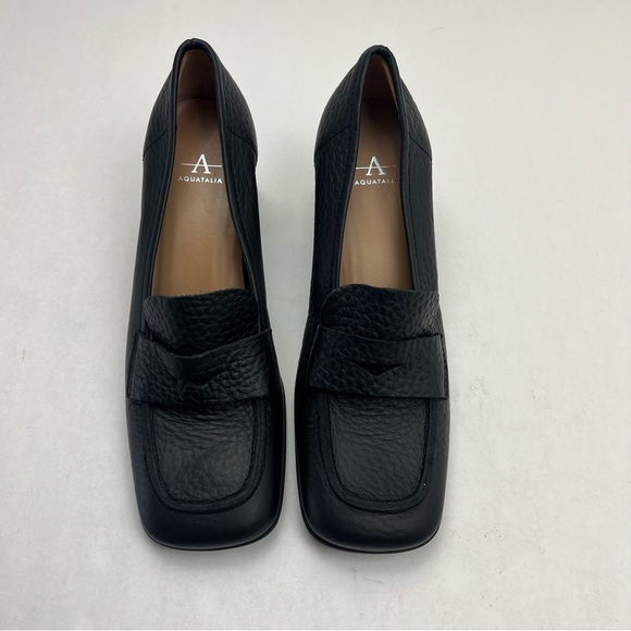 Aquatalia Carlina Block Heel Penny Loafer Square Toe Leather Black Size 9.5M 9.5 - Picture 2 of 12